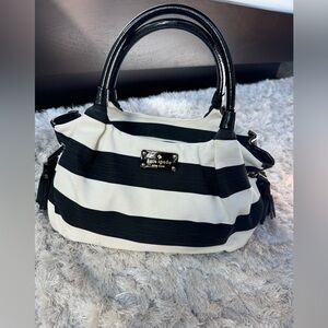 Kate Spade Black and White Stripe Canvas and Patent Leather Accents Hand Bag
